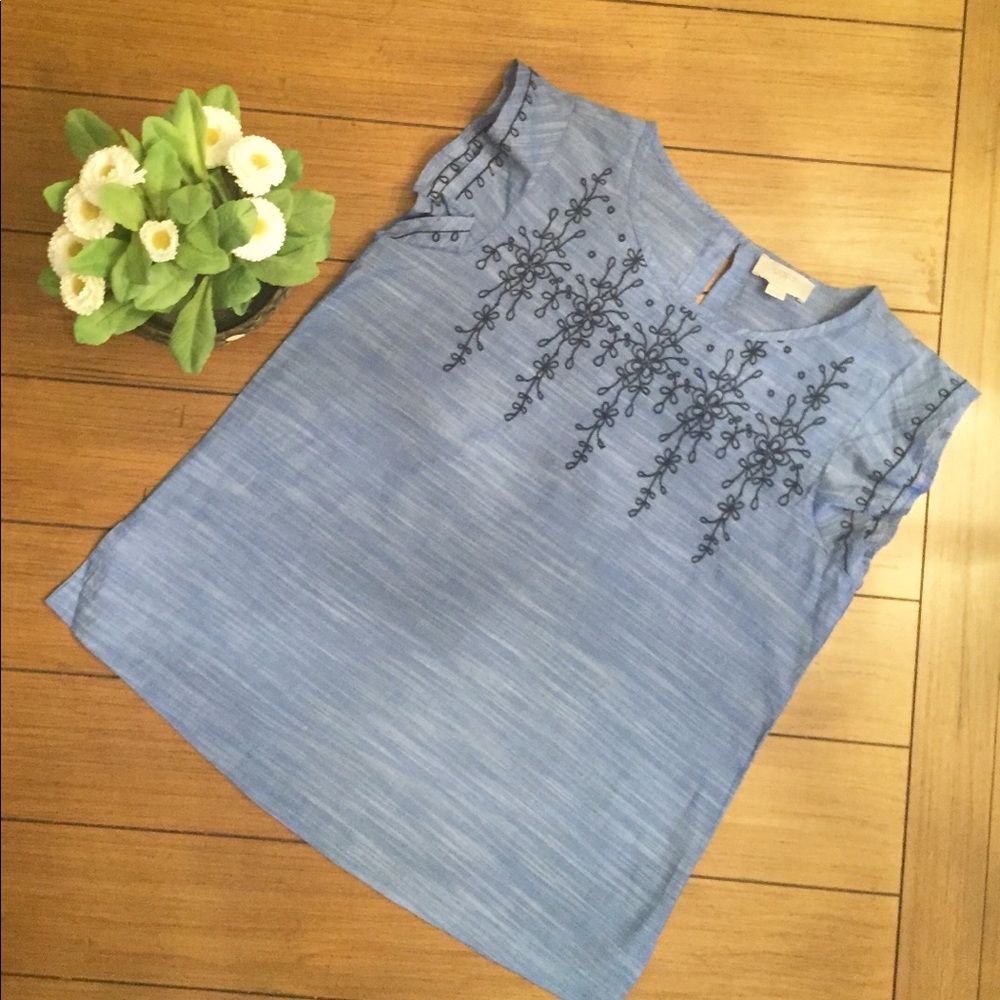 Loft Embroidered Ruffle Sleeve Top